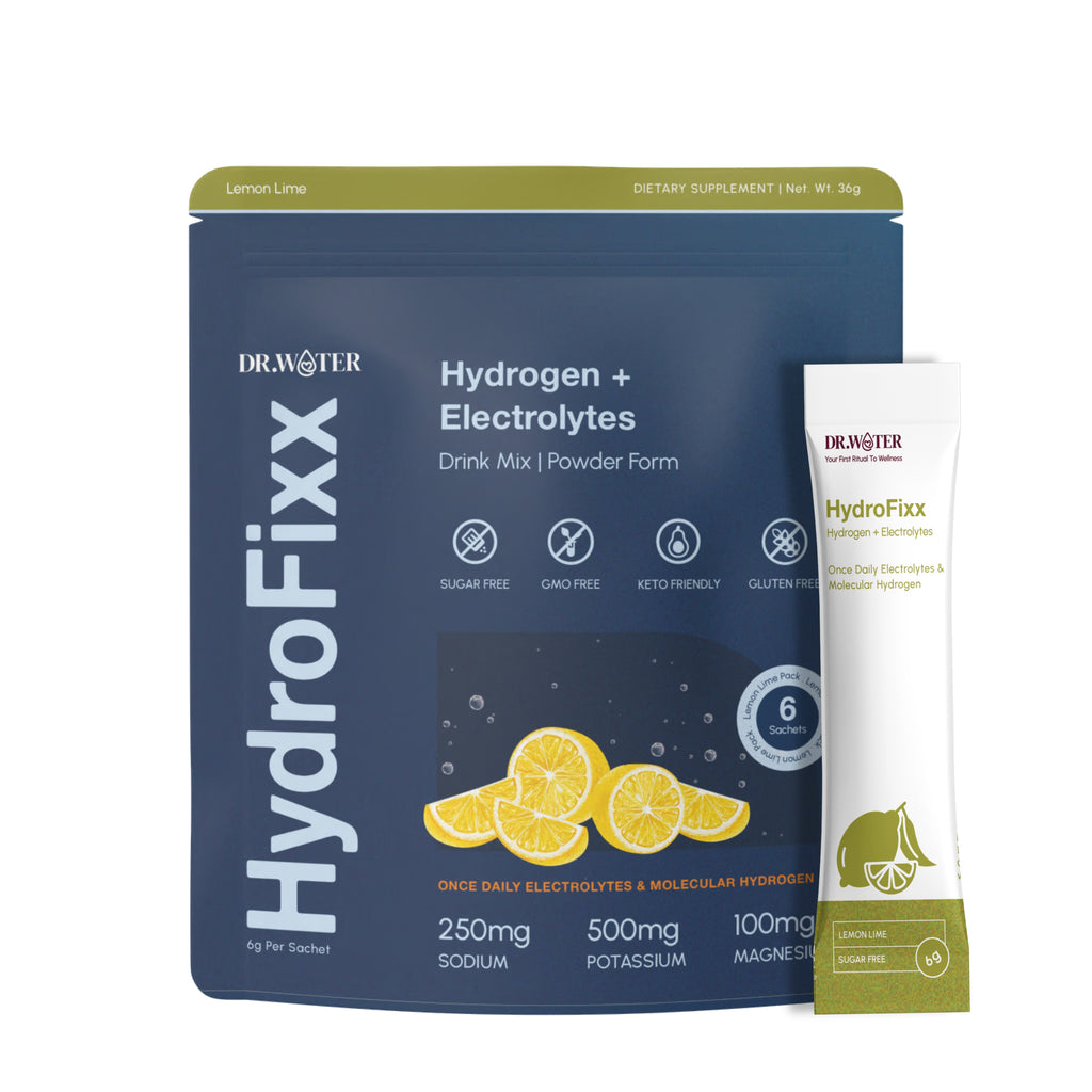 Dr.Water HydroFixx Lemon Lime variant on white: navy 36g pouch with olive top band and lemon illustration, beside a single olive Lemon Lime sachet, showing 6 sachets, sugar/GMO/keto/gluten-free icons and 250mg sodium, 500mg potassium, 100mg magnesium per sachet.