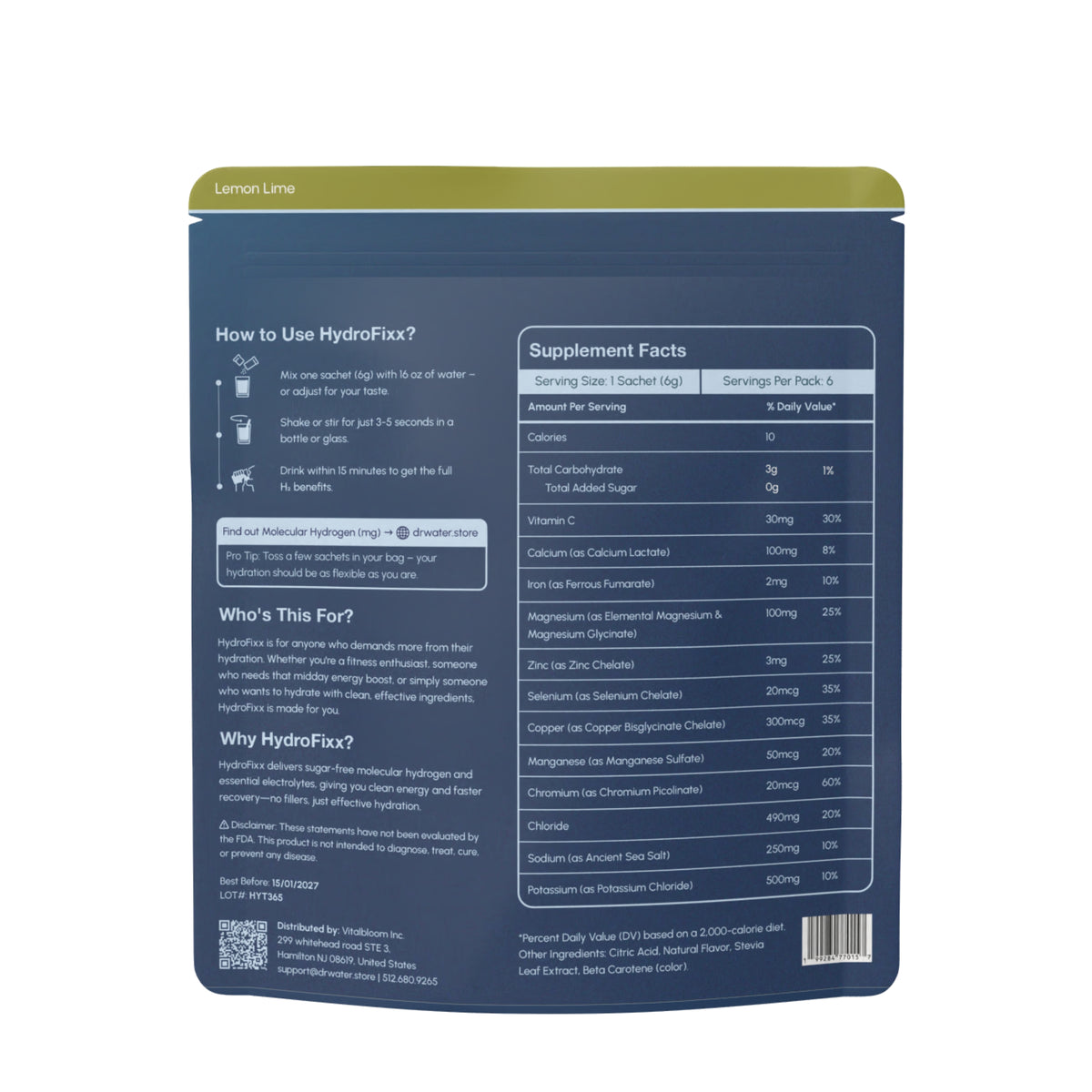 Reverse of Dr.Water HydroFixx Lemon Lime navy 36g pouch on white showing How to Use steps, Who's This For and Why HydroFixx copy, full Supplement Facts table, FDA disclaimer, Vitabloom distributor address, lot HYT365, QR code and barcode.