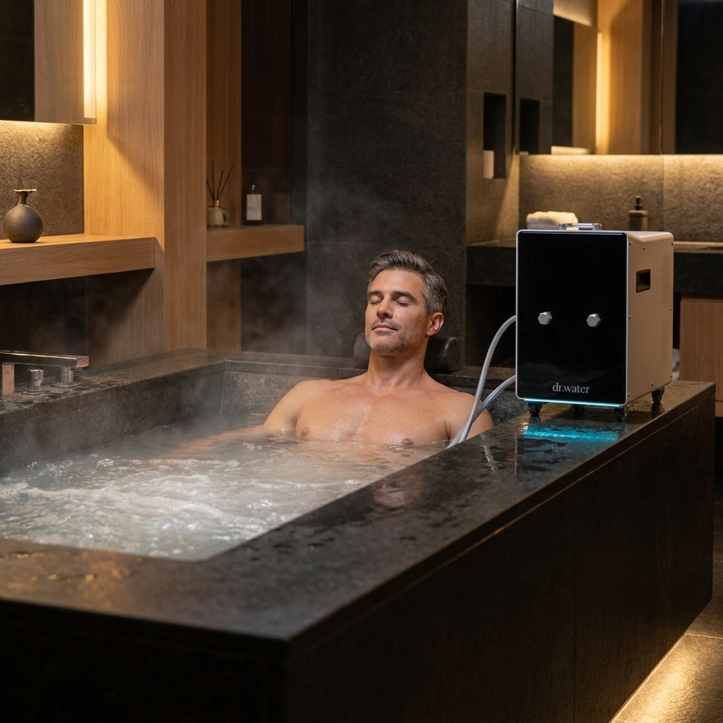 A man relaxes with closed eyes in a steaming dark-stone bathtub while the Dr.Water hydrogen bath machine sits on the edge, its hose feeding hydrogen-infused water into the bath in a moody spa bathroom.