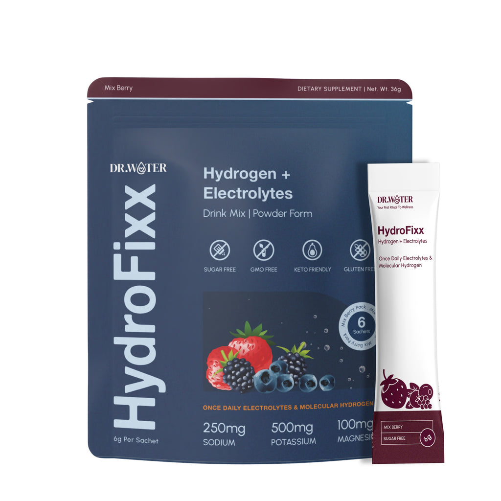 Dr.Water HydroFixx Mix Berry variant on white: navy 36g pouch with maroon top band and strawberry, blackberry and blueberry illustration, beside a single maroon Mix Berry sachet, with sugar/GMO/keto/gluten-free icons and 250mg sodium, 500mg potassium, 100mg magnesium callouts.