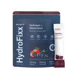 Dr.Water HydroFixx Mix Berry variant on white: navy 36g pouch with maroon top band and strawberry, blackberry and blueberry illustration, beside a single maroon Mix Berry sachet, with sugar/GMO/keto/gluten-free icons and 250mg sodium, 500mg potassium, 100mg magnesium callouts.