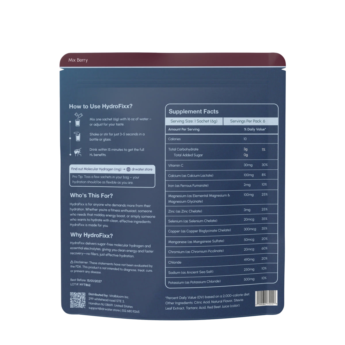 Reverse of Dr.Water HydroFixx Mix Berry navy 36g pouch on white showing How to Use steps, Who's This For and Why HydroFixx copy, full Supplement Facts table, FDA disclaimer, Vitabloom distributor address, lot HYT862, QR code and barcode.