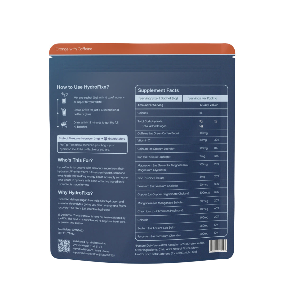 Reverse of Dr.Water HydroFixx Orange with Caffeine navy 36g pouch on white showing How to Use steps, Who's This For and Why HydroFixx copy, full Supplement Facts table including caffeine from green coffee bean, FDA disclaimer, Vitabloom distributor address, lot HYT862, QR code and barcode.