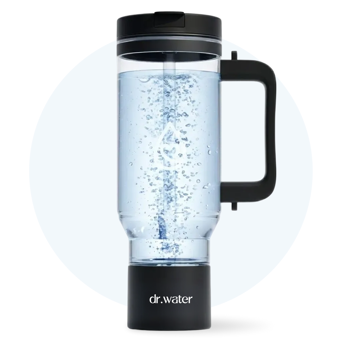 Dr. Water water bottle with black lid and handle on a white background