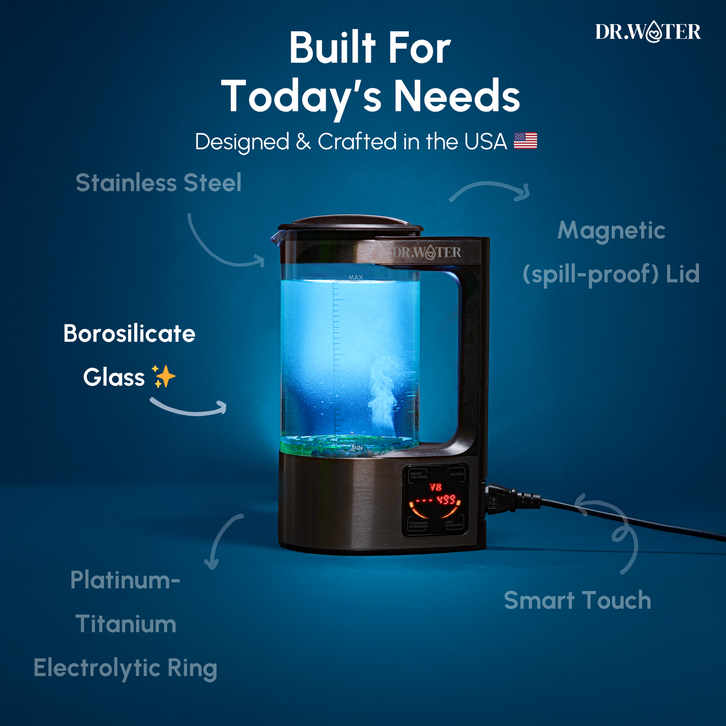 HydroPitcher 68oz – Glass Hydrogen Pitcher with Chlorine Removal