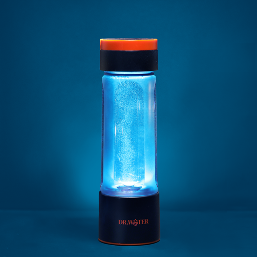 Dr.Water Hydro UV 14oz bottle glowing blue with hydrogen bubbles rising through the water, its black base branded DR.WATER, against a deep blue background.