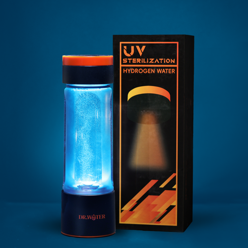 Dr.Water Hydro UV hydrogen water bottle glowing blue beside its black 'UV Sterilization Hydrogen Water' retail box.