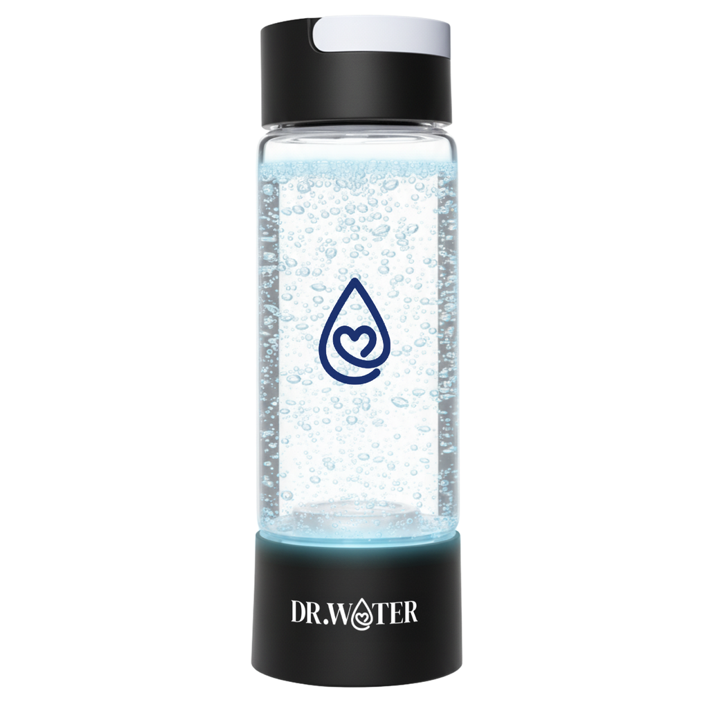 Dr.Water HydroDaily 13oz hydrogen wellness bottle hero shot on white in the black-cap colorway with black base, clear body, internal hydrogen bubbles and the dr.water teal droplet logo above the DR.WATER wordmark.