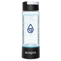 Dr.Water HydroDaily 13oz hydrogen wellness bottle hero shot on white in the black-cap colorway with black base, clear body, internal hydrogen bubbles and the dr.water teal droplet logo above the DR.WATER wordmark.