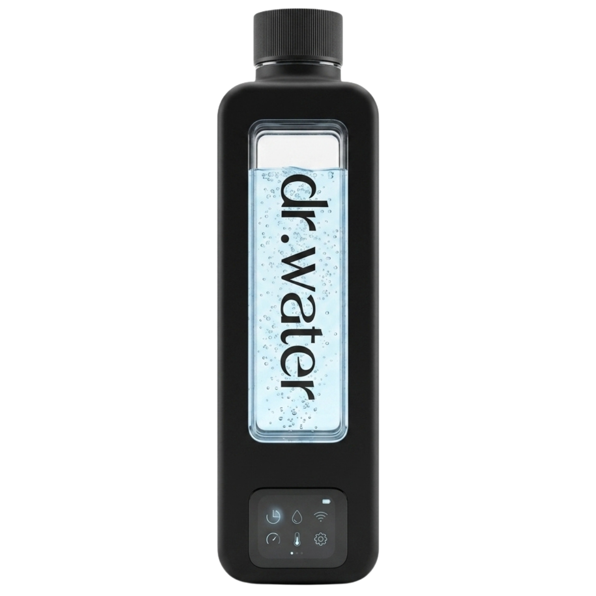 Front view of the Hydrator Max bottle isolated on white — black bottle, blue water column, "dr.water" label visible, touchscreen icons at base. Background: white. Overlays: "dr.water". Email use: White BG — perfect for light email rows. Clean primary product cutout for thumbnails / cards