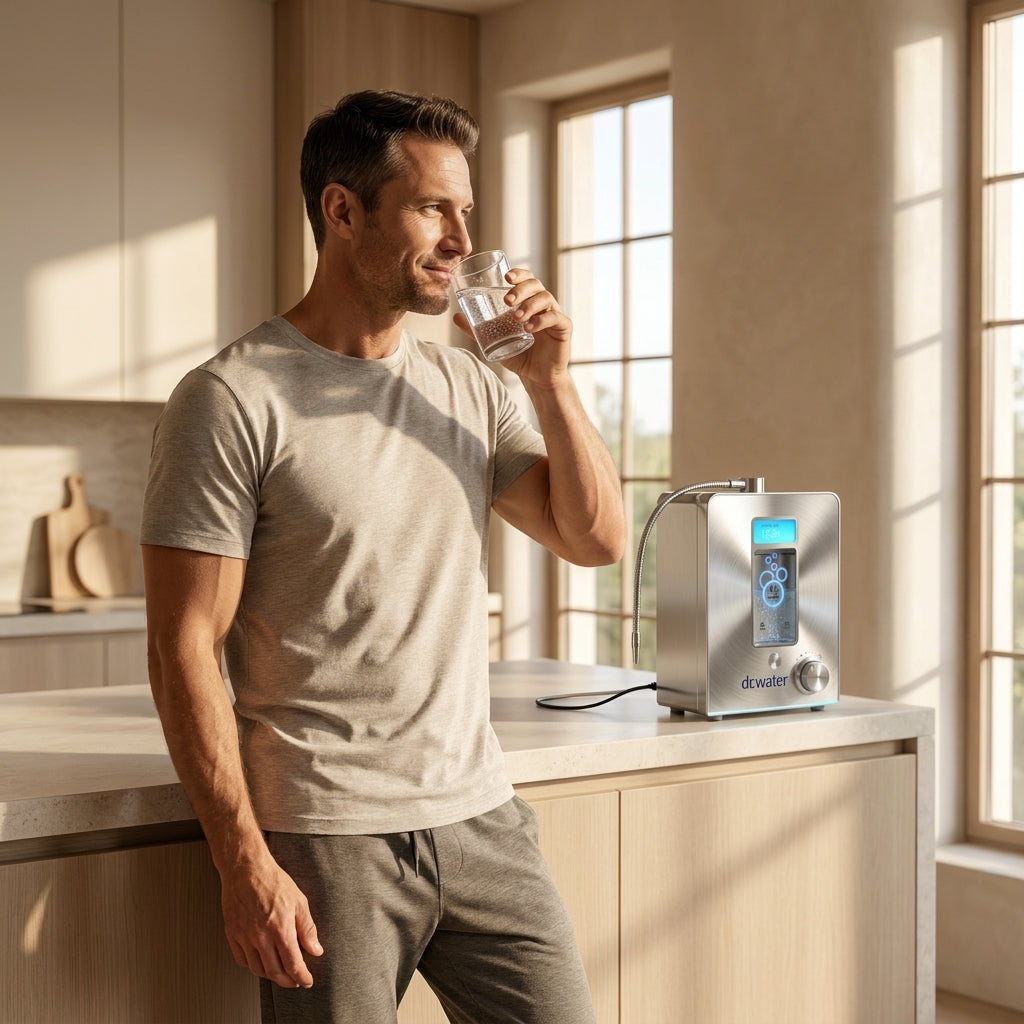 A man in a grey t-shirt drinks a glass of hydrogen water while leaning on a sunlit kitchen counter beside the Dr.Water stainless steel hydrogen water machine.