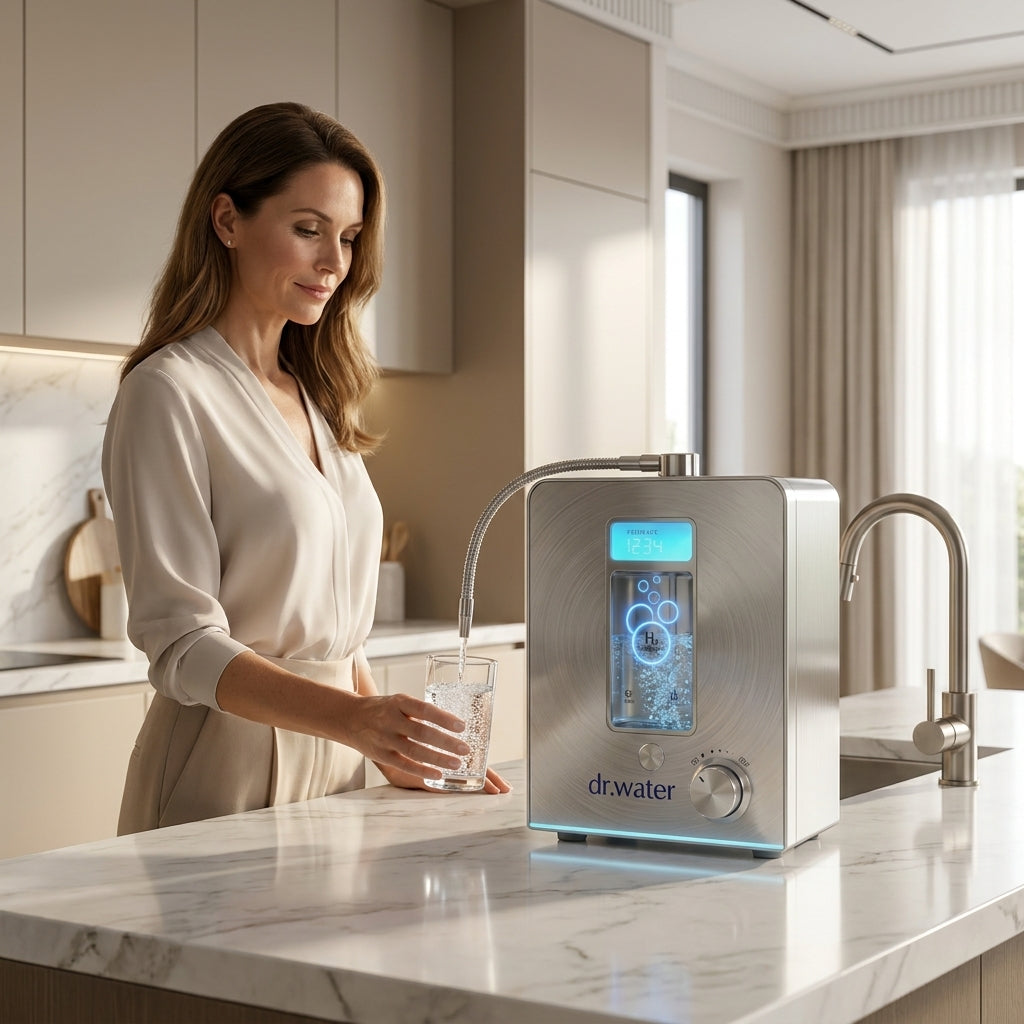 A woman fills a glass of fizzing hydrogen water from the Dr.Water countertop machine's gooseneck spout in a bright modern marble kitchen.