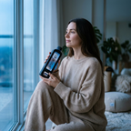 A woman in a cream sweater seated by a window holding the Hydrator Max, looking outside.