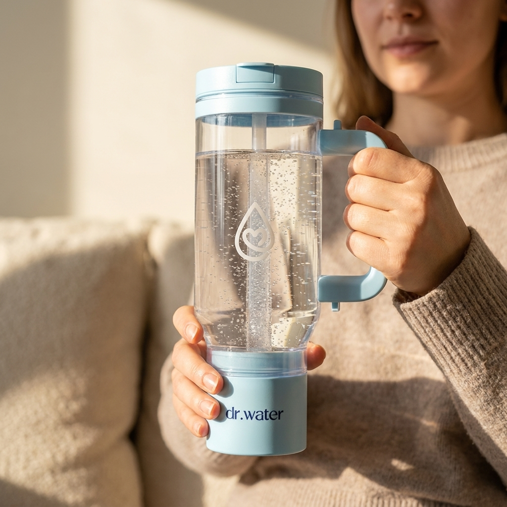 Woman holding Dr.Water HydroTumbler hydrogen water bottle