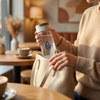 Woman in cream sweater placing the white-cap Dr.Water HydroDaily 13oz hydrogen bottle into a cream tote bag at a cafe table with a coffee cup in the background.
