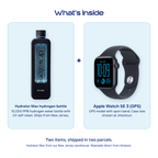 Hydrator Max hydrogen bottle next to an Apple Watch SE 3, what is included