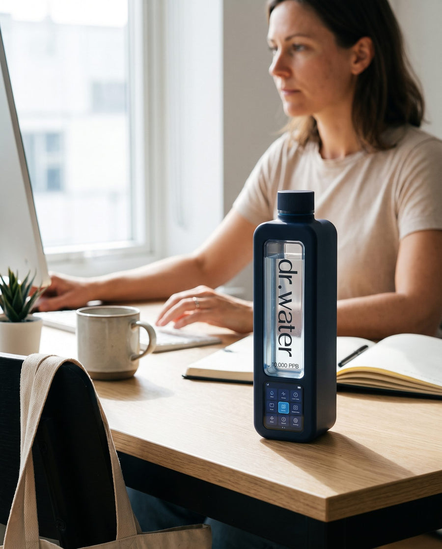 The Dr. Water Hydrator Max on a desk while a woman works behind it