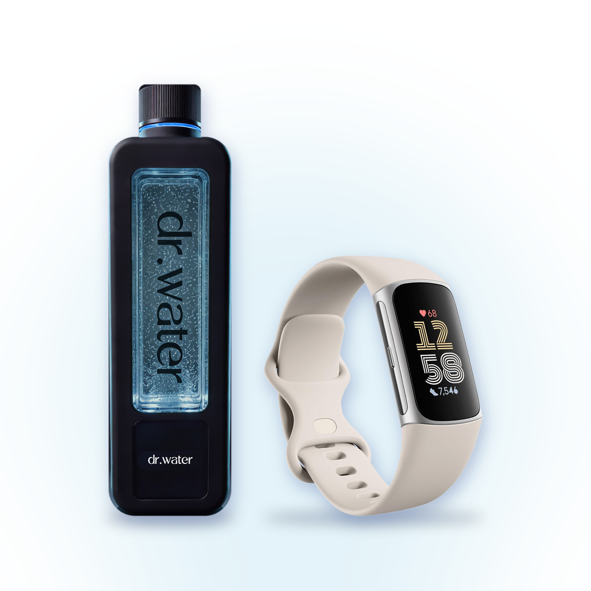 Hydrator Max hydrogen bottle next to a Fitbit Charge 6