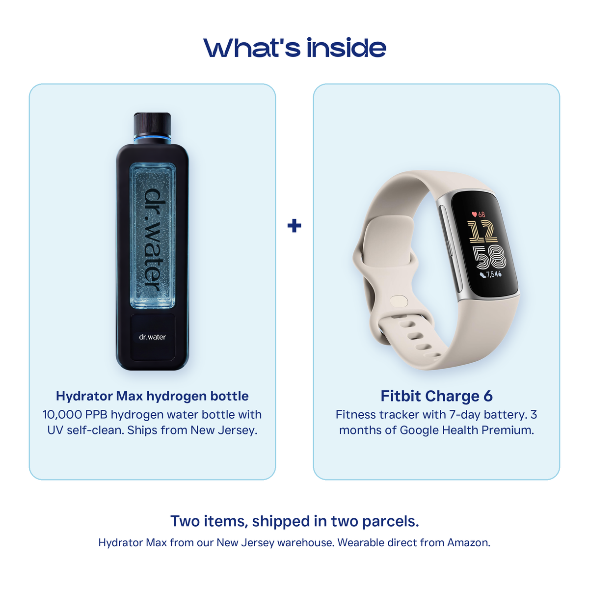 Hydrator Max hydrogen bottle next to a Fitbit Charge 6, what is included
