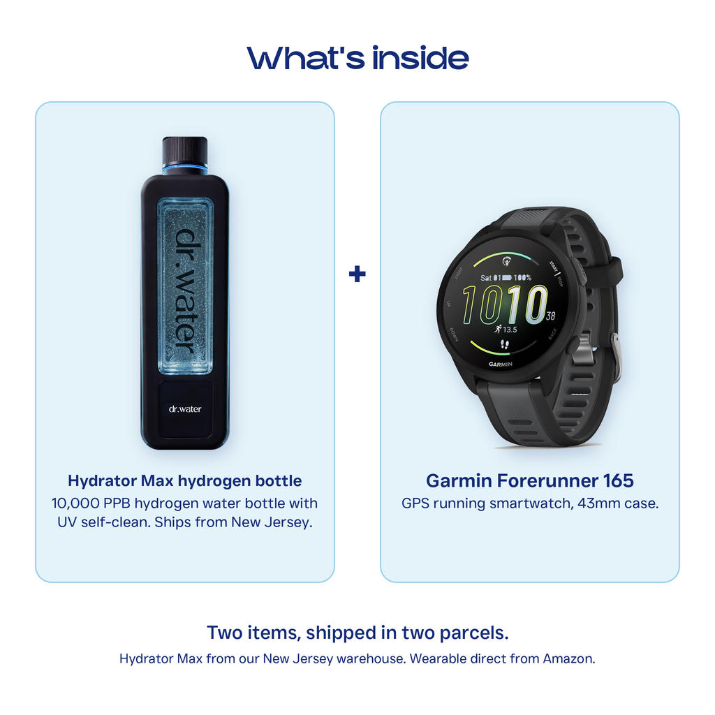 Hydrator Max hydrogen bottle next to a Garmin Forerunner 165, what is included