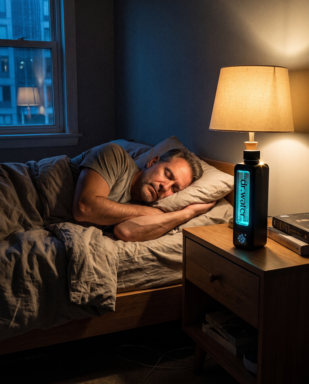 Man asleep in bed at night, Dr.Water Hydrator Max glowing on the nightstand -- sleep benefit