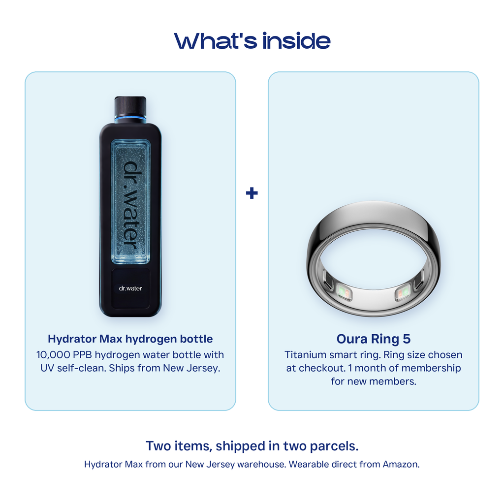 Hydrator Max hydrogen bottle next to an Oura Ring 5, what is included