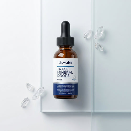 Dr.Water Trace Mineral Drops amber dropper bottle in a flat-lay on a frosted glass panel surrounded by clear quartz crystals.