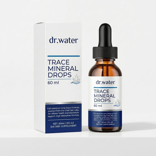 Dr.Water Trace Mineral Drops, a 60ml amber glass dropper bottle beside its white box, labeled full-spectrum ionic trace minerals sourced from the Great Salt Lake for cellular health and electrolyte support.