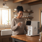 Smiling woman in a beige sweater holding a glass of water beside the white Dr.Water HydroBase purifier on a wooden kitchen counter in warm golden window light.