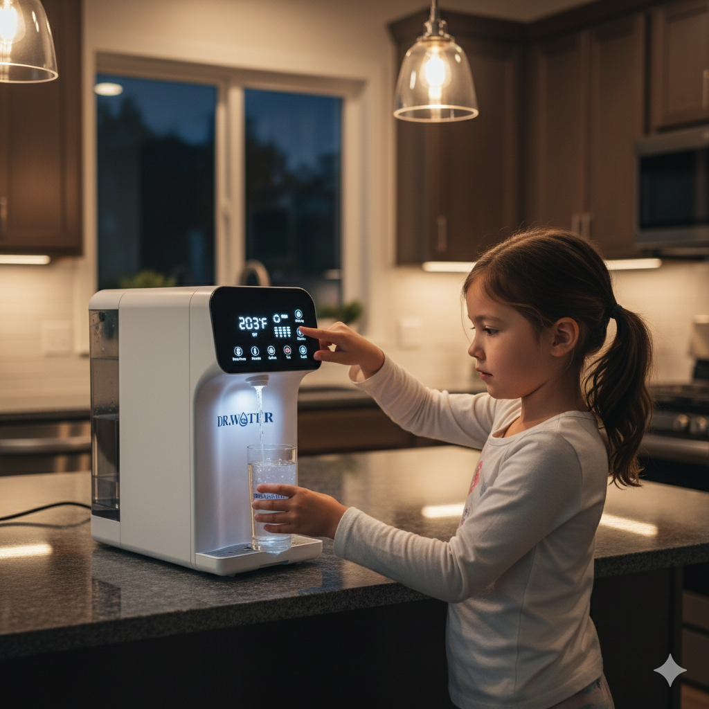 Young girl in a kitchen at evening pressing a button on the lit touchscreen of the Dr.Water HydroBase purifier while holding a glass, warm pendant lights overhead.