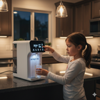 Young girl in a kitchen at evening pressing a button on the lit touchscreen of the Dr.Water HydroBase purifier while holding a glass, warm pendant lights overhead.