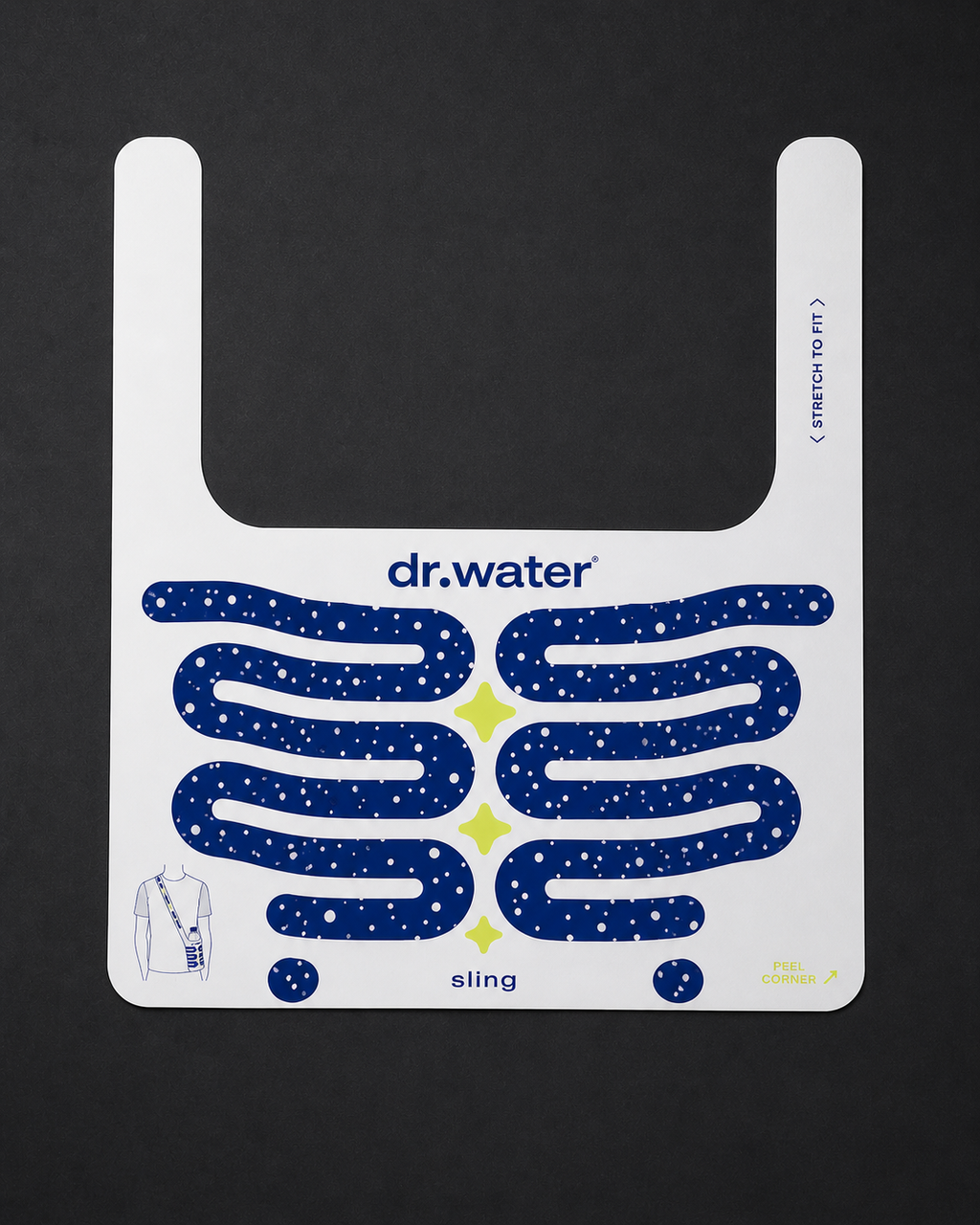 Flat lay of the Dr.Water Sling label showing the peel-corner mechanism and stretch-to-fit illustration