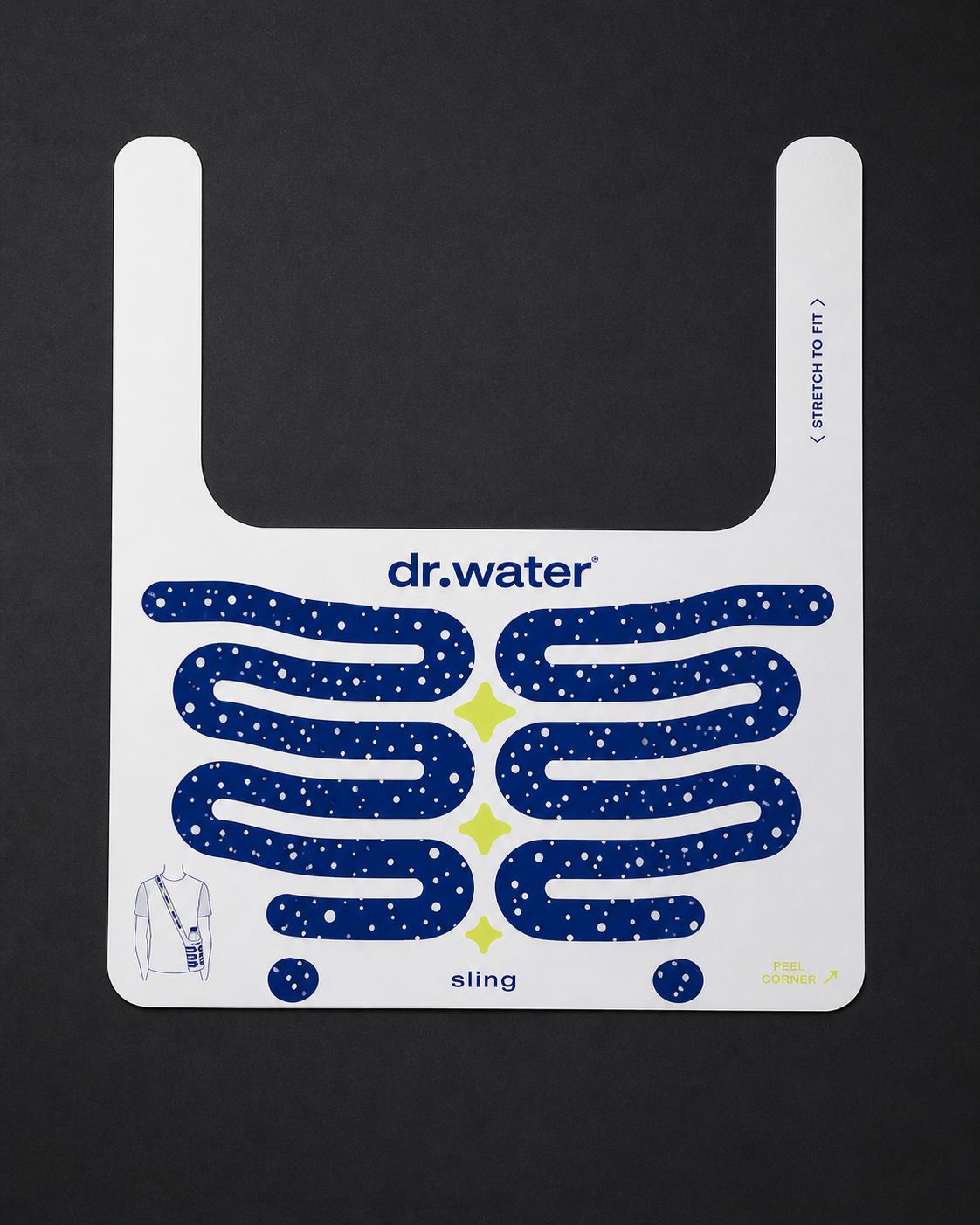 Flat lay of the Dr.Water Sling label showing the peel-corner mechanism and stretch-to-fit illustration