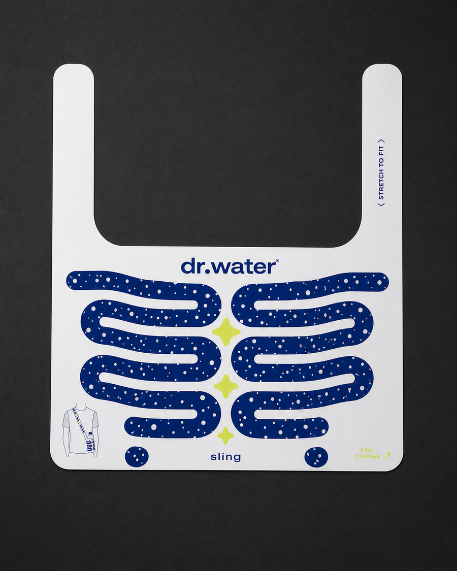 Flat lay of the Dr.Water Sling label showing the peel-corner mechanism and stretch-to-fit illustration