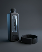 The Dr.Water Hydrator Max hydrogen water bottle beside a screenless recovery band on a woven loop, the two devices in the Hydrator Max plus WHOOP bundle.